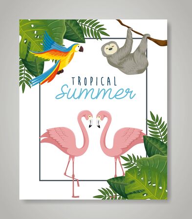 tropical summer sale with frame of flowers and animals exotics vector illustration designのイラスト素材