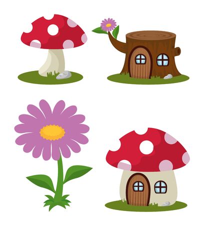 set of fungus plant with trunk tree house and flower over white background,のイラスト素材