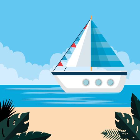 ship with tropical beach and plants leaves to summer time vector illustrationのイラスト素材