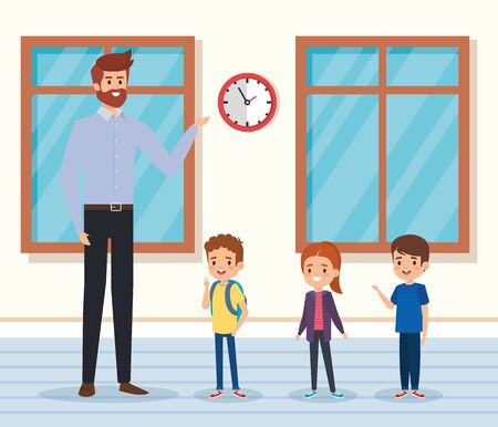 man teacher with kids in the classroon with windows to academic education vector illustrationのイラスト素材