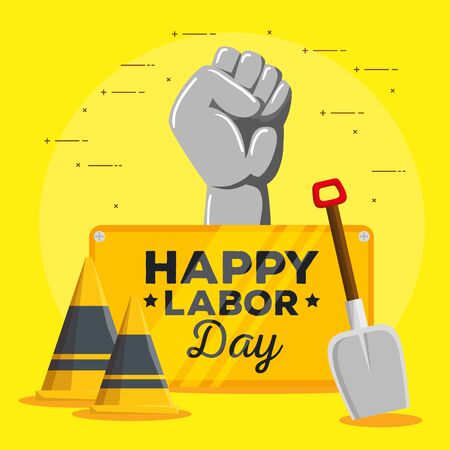 emblem of cones with shovel and hand fist over yellow background, vector illustrationのイラスト素材