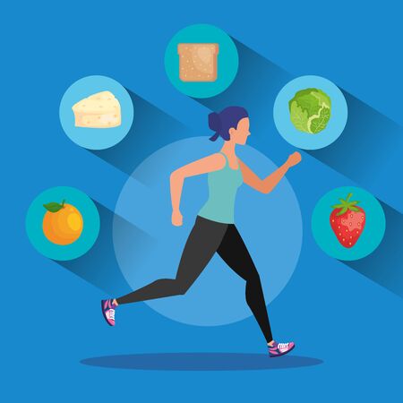 woman running with fruits and lettuce with cheese and bread to healthy food, vector illustrationのイラスト素材