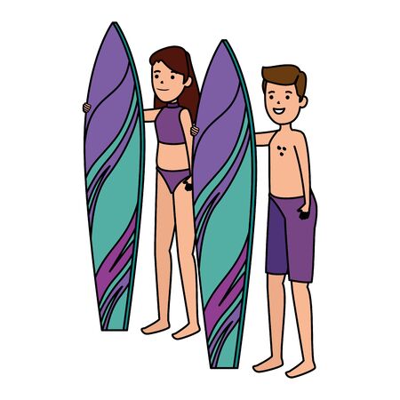 happy athletic couple practicing surf sport vector illustration designのイラスト素材
