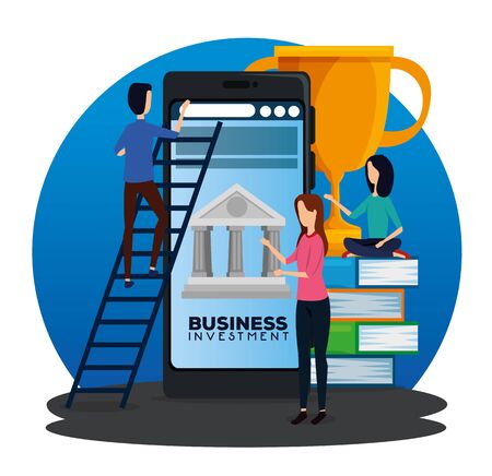 businesswomen and businessman with smarphone and books with prize to office strategy, vector illustrationのイラスト素材