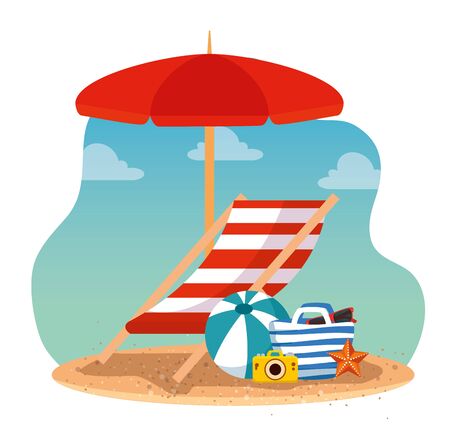 umbrella with tanning chair and purse with ball and camera to summer time vector illustrationのイラスト素材