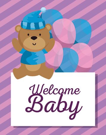 card of bear with hat and shirt with balloons decoration to baby shower vector illustrationのイラスト素材