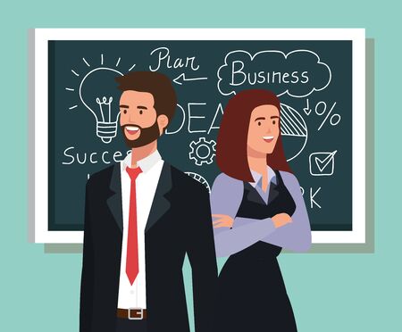 business couple and chalkboard with business plan graphics vector illustration designのイラスト素材