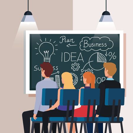 business people and chalkboard with business plan graphics vector illustration designのイラスト素材