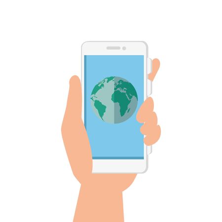 hand and smartphone with planet earth vector illustration designのイラスト素材