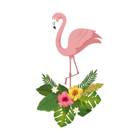 flamingo pink animal with flowers and leafs vector illustration designのイラスト素材