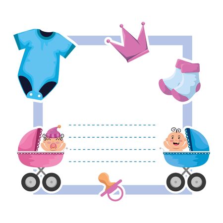 baby shower card with clothes and carts vector illustration designのイラスト素材
