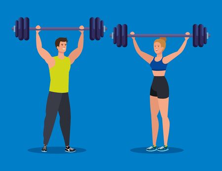 man and woman with weight to healthy activity over blue background, vector illustrationのイラスト素材