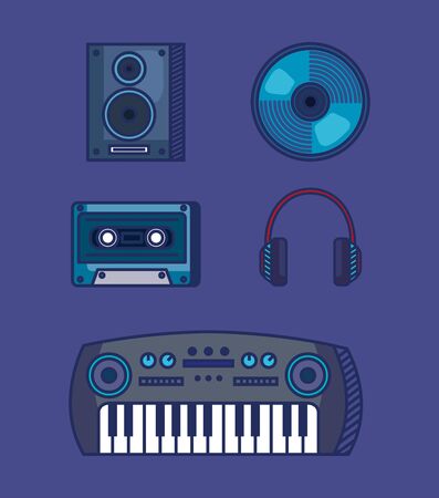 set of stereo with cd and cassetter with headphones and piano over blue background vector illustrationのイラスト素材