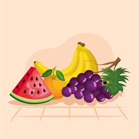 Grapes watermelon orange and banana design, Fruit healthy organic food sweet and nature theme Vector illustrationのイラスト素材