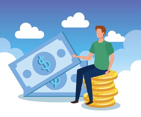 businessman with coins and bills cash money with clouds, vector illustrationのイラスト素材