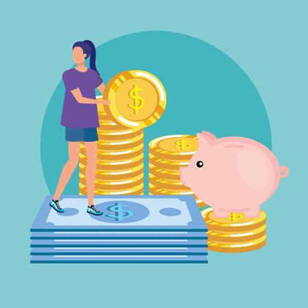 young woman with bills dollars character vector illustration designのイラスト素材