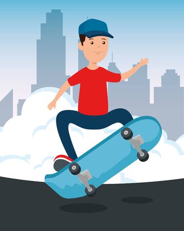 boy kid with casual clothes playing skateboard in the park and cityscape vector illustrationのイラスト素材