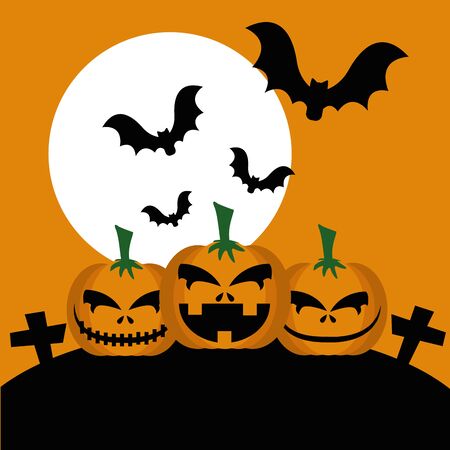 halloween pumpkins in cemetery with bats flying vector illustration designのイラスト素材