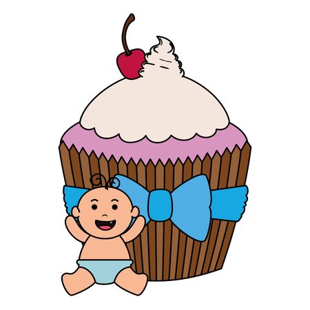 cute little baby boy with sweet cupcake vector illustration designのイラスト素材