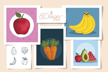 set five designs of designs fresh with vegetables and fruits vector illustration designのイラスト素材