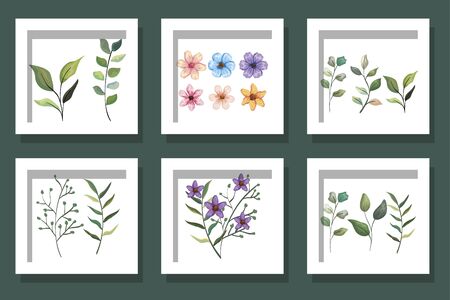 bundle cute flowers and branches with leafs vector illustration designのイラスト素材