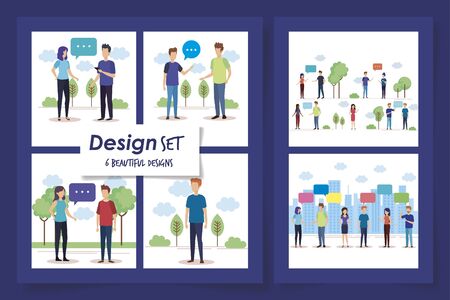 set six designs of young people talking vector illustration designのイラスト素材