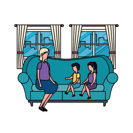 cute grandmother with kids in the sofa characters vector illustration designのイラスト素材