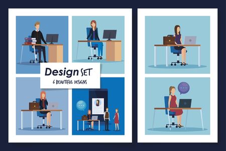 set of six designs business people in the workplace vector illustration designのイラスト素材