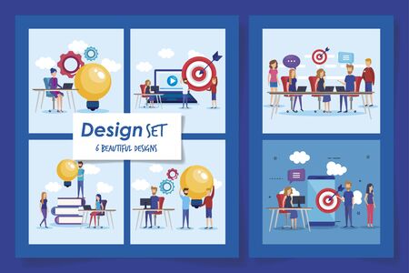 six designs of teamwork people and icons vector illustration designのイラスト素材