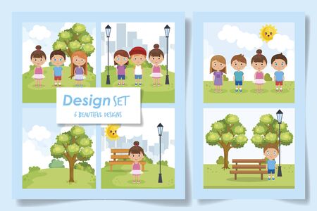 six designs of kids in the park vector illustration designのイラスト素材