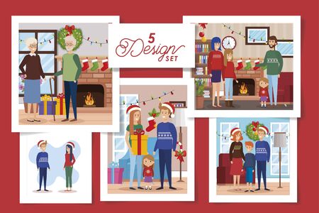 five designs of christmas family with decoration vector illustration designのイラスト素材