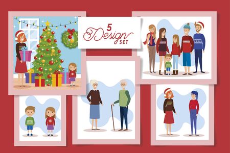 five designs of christmas family with decoration vector illustration designのイラスト素材