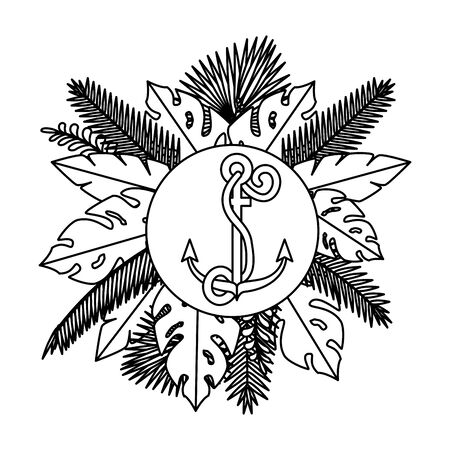 summer circular frame with marine anchor and leafs vector illustration designのイラスト素材