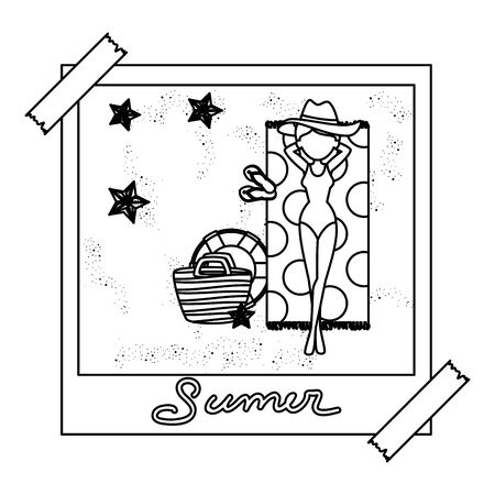 photo snapshot with woman in summer beach and bag vector illustration designのイラスト素材