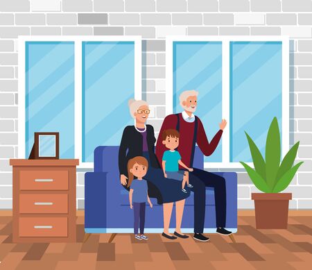 cute grandparents with their girl and boy kids in the home, vector illustrationのイラスト素材