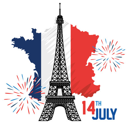france flag with eiffel tower and fireworks to bastille celebration vector illustrationのイラスト素材