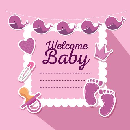 card of invitation celebration with whales and footprint to baby shower vector illustrationのイラスト素材