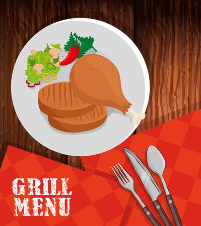 grill menu with delicious food and set cutlery vector illustration designのイラスト素材