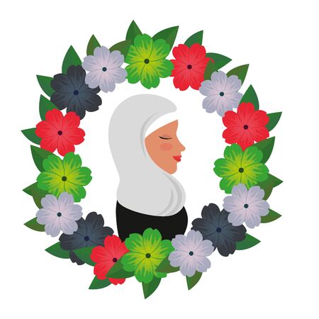 profile of islamic woman with traditional burka in floral wreath vector illustrationのイラスト素材