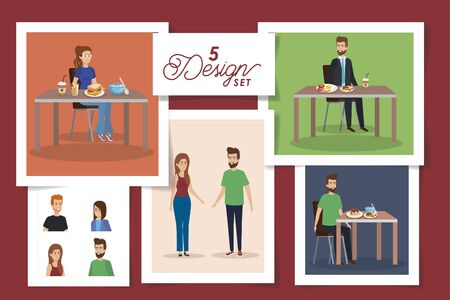set of five designs of people in the breakfast vector illustration designのイラスト素材
