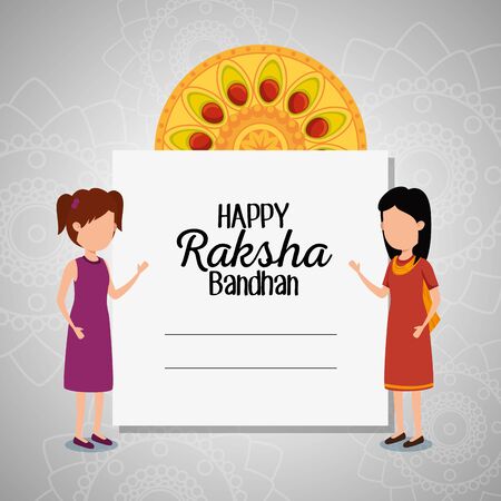 card of raksha bandhan hindu celebration with girls sisters and flower, vector illustrationのイラスト素材