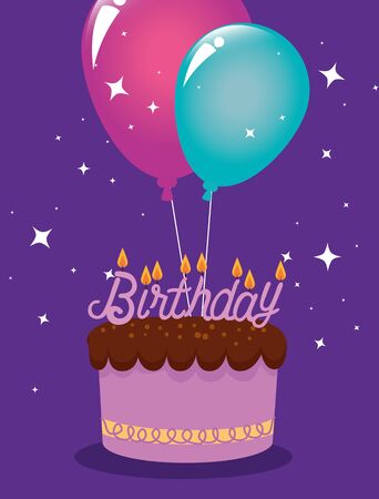sweet cake with candles and balloons decoration to happy birthday, vector illustrationのイラスト素材