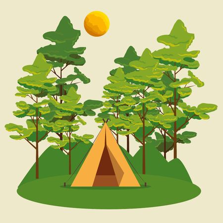 nature landscape with camp and trees with sun to wanderlust adventure vector illustrationのイラスト素材