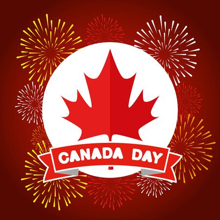 label with canada leaf with ribbon and fireworks vector illustrationのイラスト素材