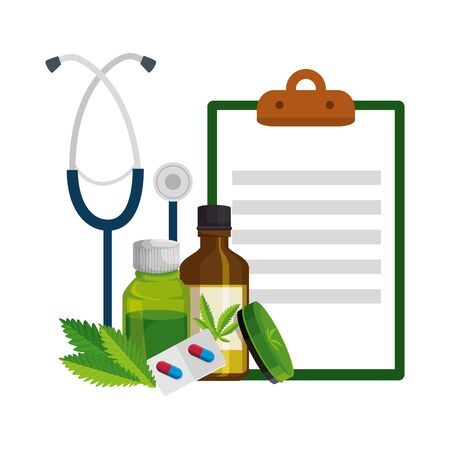checklist and stethoscope with cannabis products vector illustration designのイラスト素材