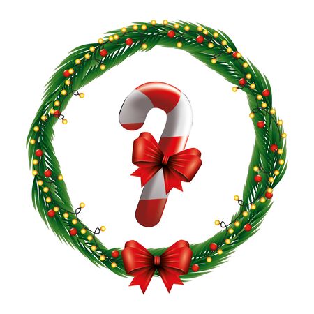 sweet cane christmas with bow ribbon in wreath vector illustration designのイラスト素材