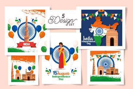 bundle independence day india five designs vector illustration