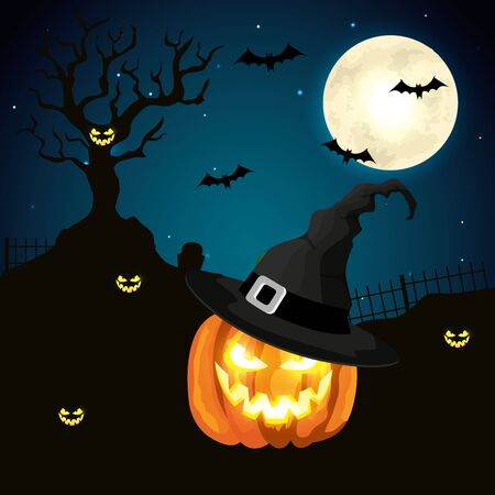 pumpkin with hat witch in scene halloween vector illustration designのイラスト素材