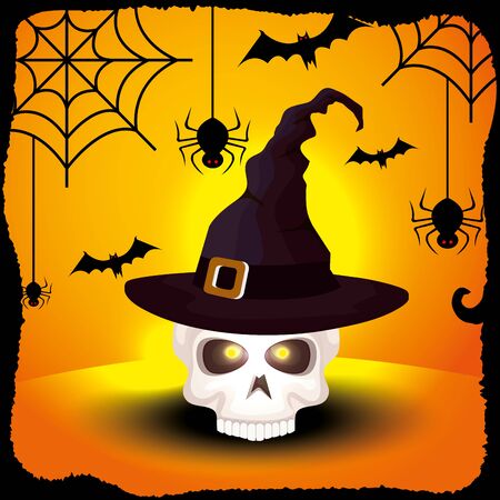 skull with witch hat in halloween scene vector illustration designのイラスト素材