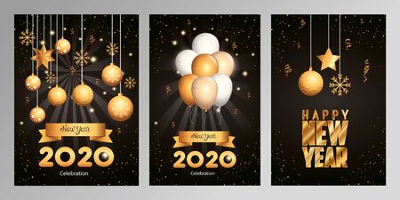 set of posters happy new year with decoration vector illustration designのイラスト素材